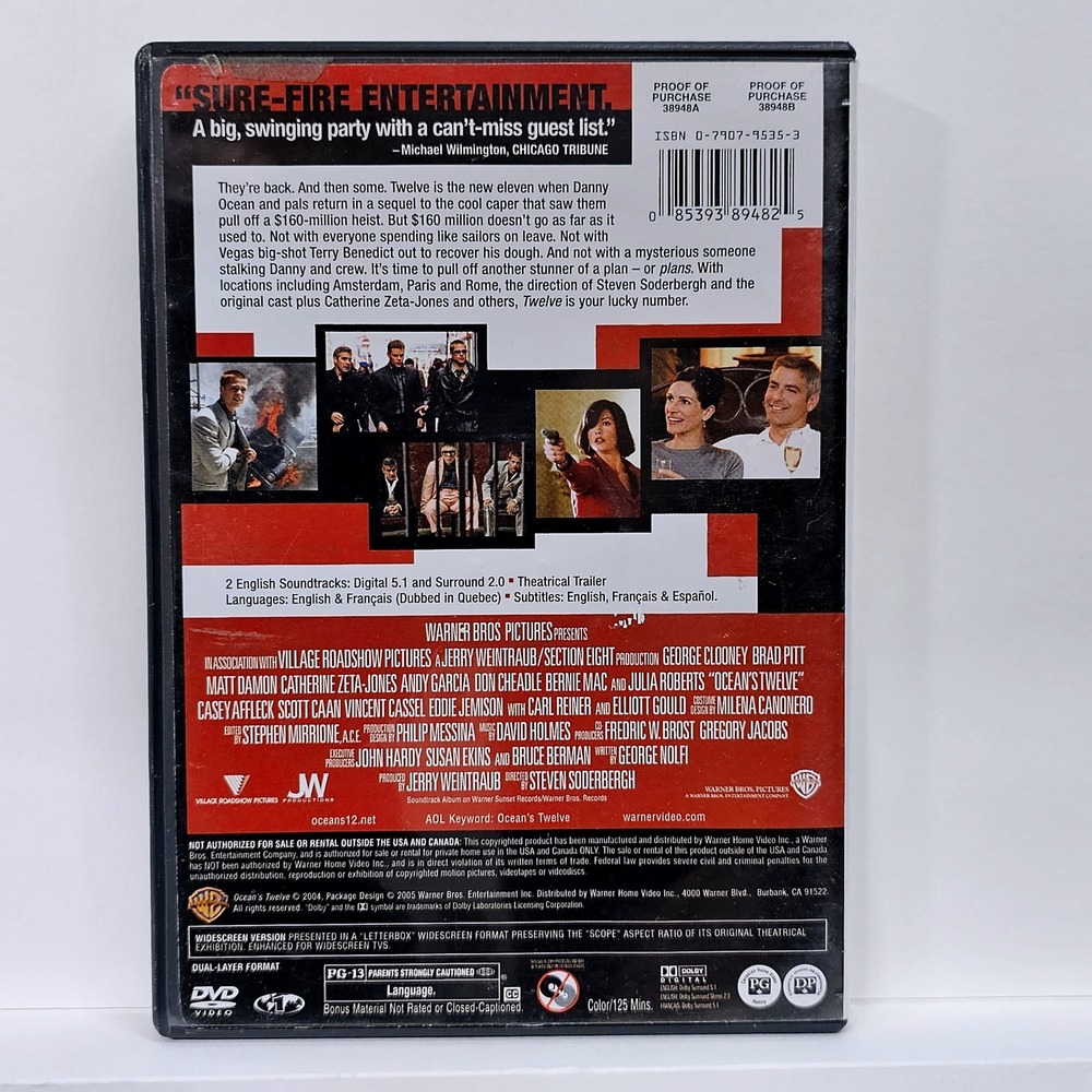 Ocean's Twelve 12 DVD Full‎ Screen 2004 George Clooney Brad Pitt Heist Movie - Picture 2 of 5